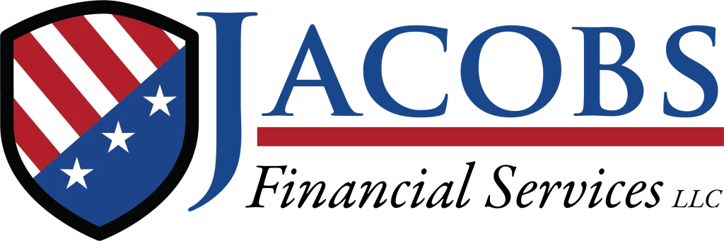 Jacobs Financial logo with a shield containing red stripes and stars next to the text “Jacobs” in blue.
