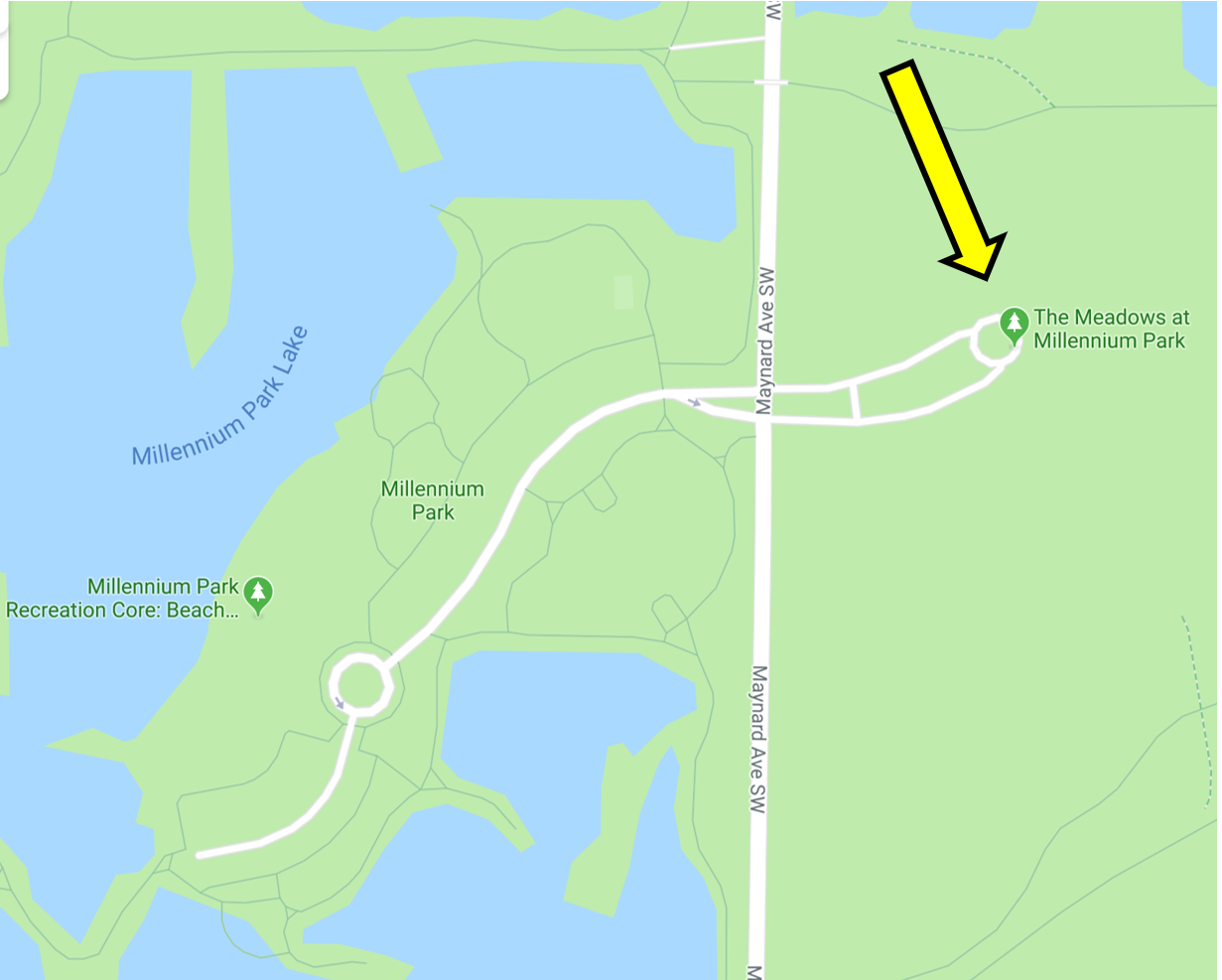 Map of Millennium Park highlighting The Meadows location for the Summer Bash client appreciation event, with surrounding water features and roads.