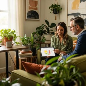 Independent financial advisor discussing personalized financial strategies with a client in a cozy office