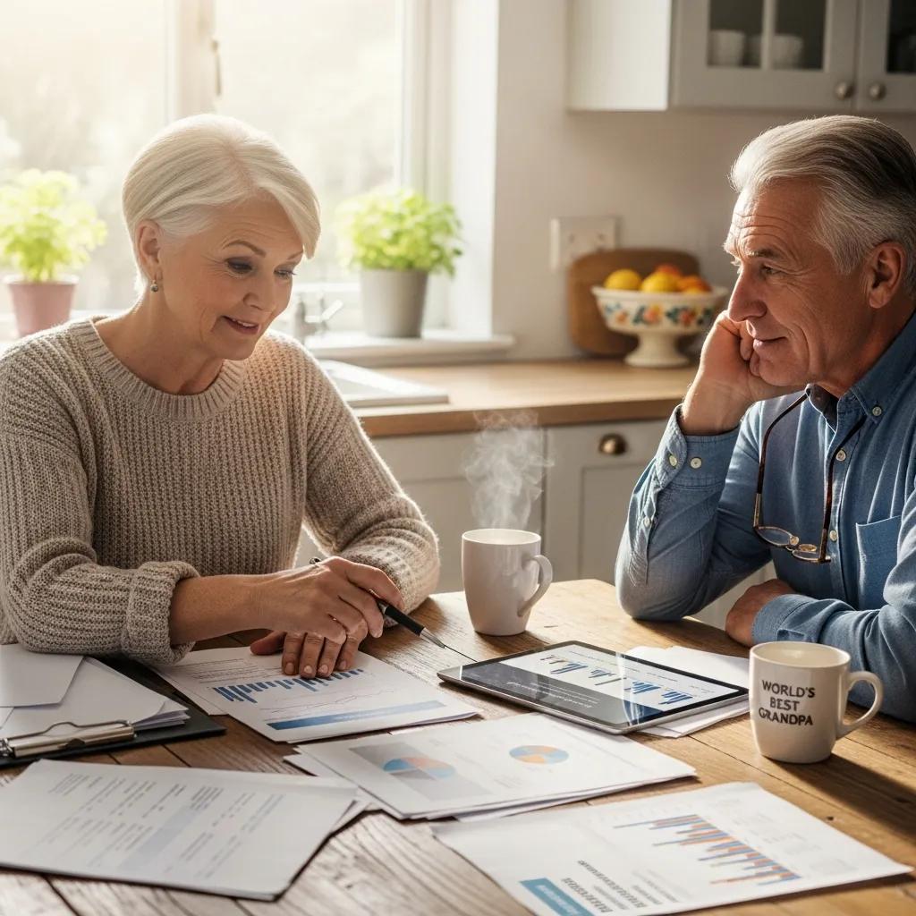 Retired couple discussing financial planning at a cozy kitchen table, reviewing charts and documents for retirement strategies.