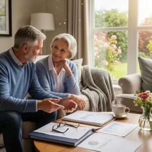 Retired couple discussing financial plans in a cozy living room