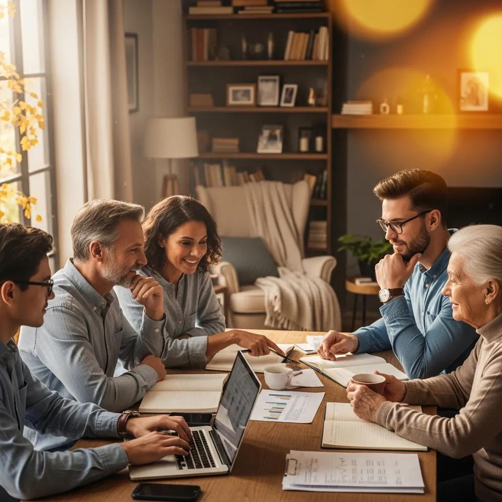 Family discussing financial legacy planning in a warm, inviting setting, with documents and a laptop on the table, emphasizing wealth management and estate planning.