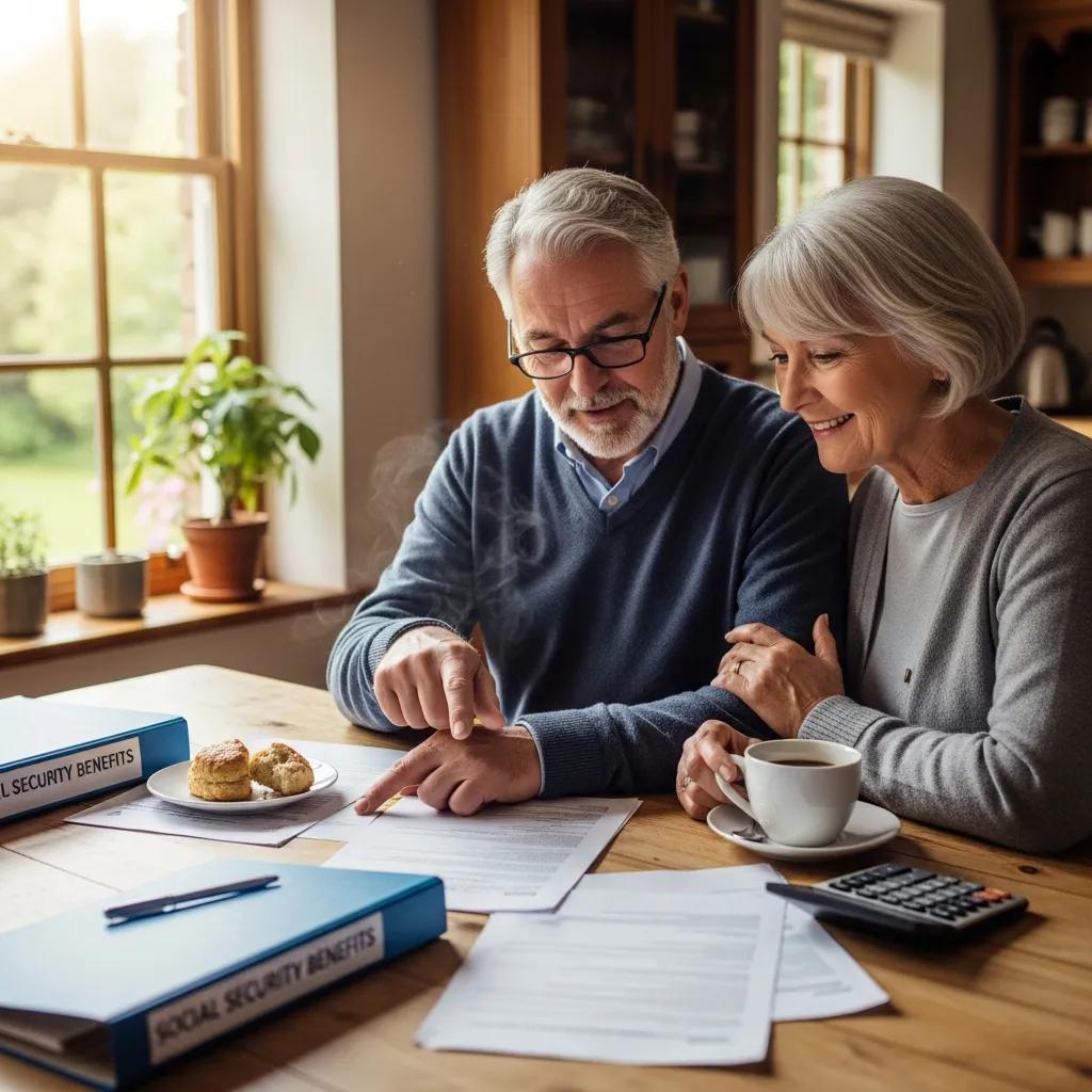 Retired couple discussing Social Security benefits at a cozy kitchen table, reviewing documents with a calculator and enjoying pastries.