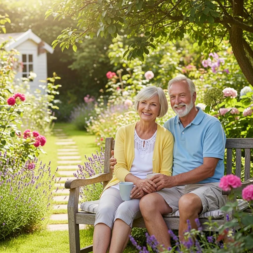Retired couple enjoying a peaceful moment in a vibrant garden, symbolizing financial security and happiness in retirement.