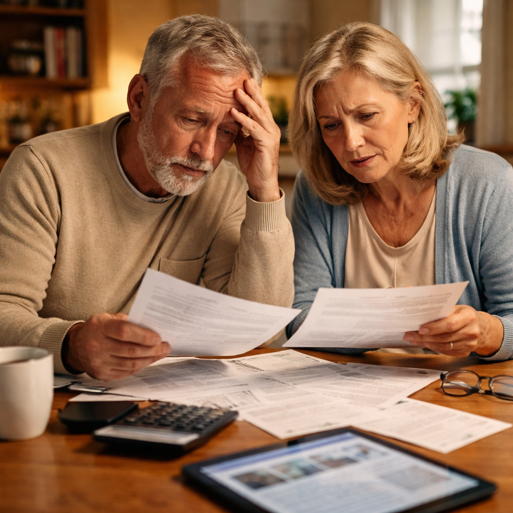 Older couple reviewing financial documents and retirement planning materials, showing concern over economic impacts from the Iran conflict and inflation.