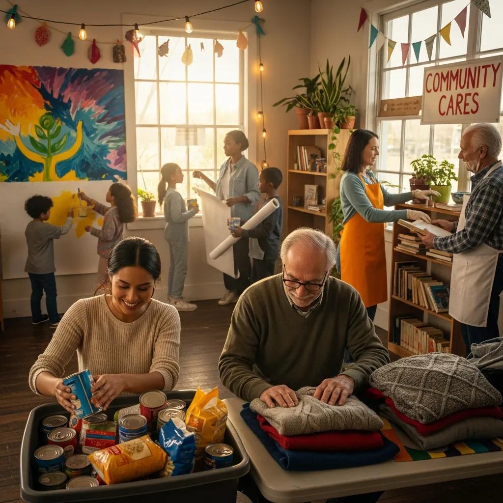 Diverse group of people engaged in charitable activities, sorting food and clothing donations, emphasizing community spirit and the importance of giving.