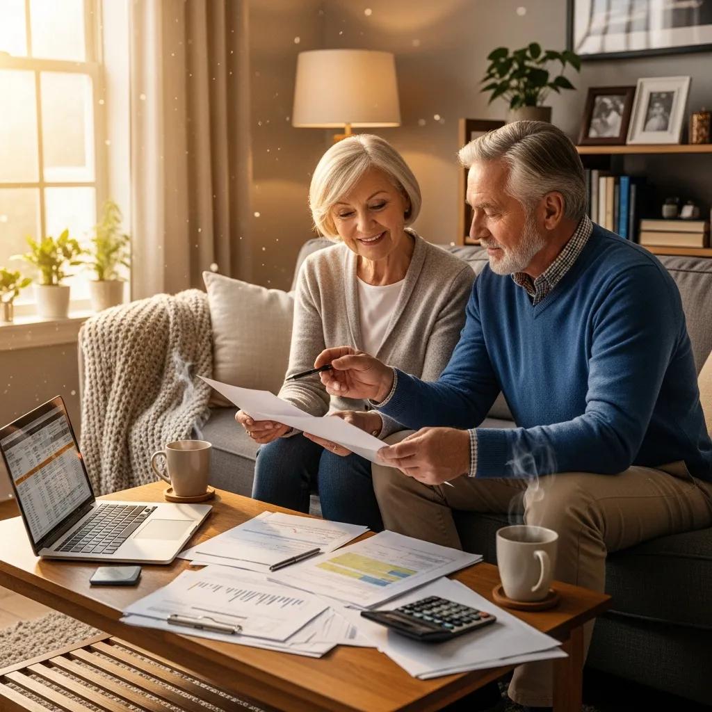 Retired couple discussing financial planning and reviewing documents in a cozy living room, with a laptop and coffee cups on the table, reflecting themes of retirement strategies and the 4% rule.
