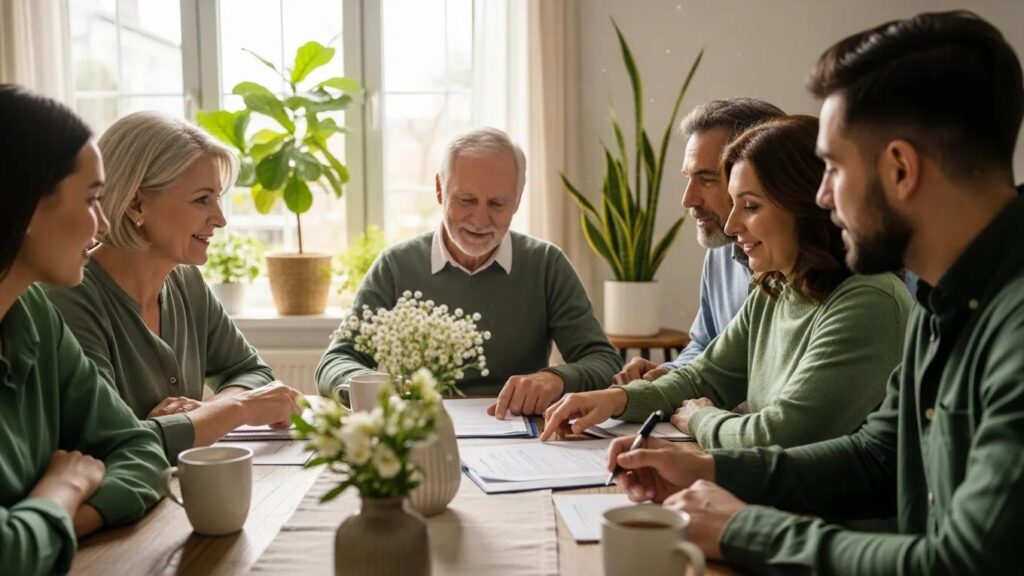 Family discussing estate planning documents in a cozy setting, emphasizing collaborative financial planning and legacy management.