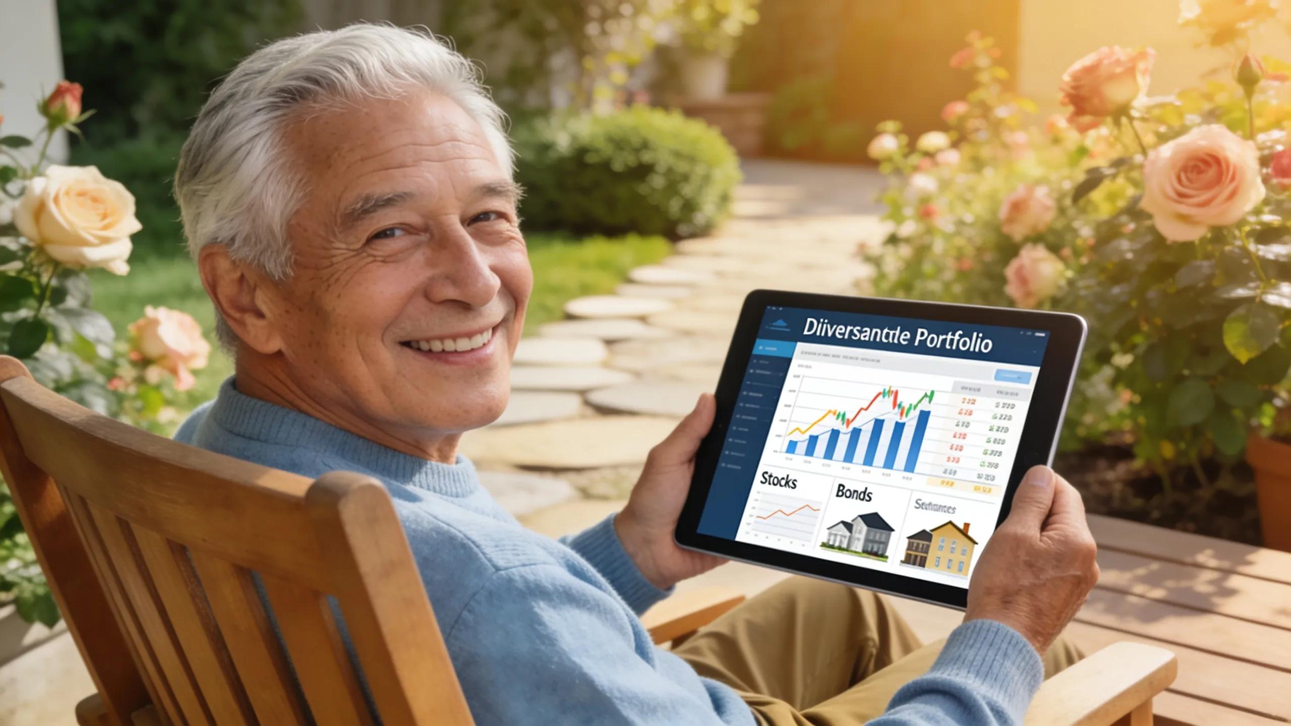 Older individual reviewing diversified income sources with a tablet