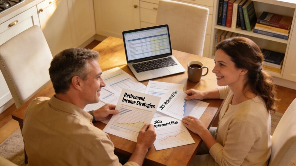 Cozy couple planning retirement with financial documents and laptop