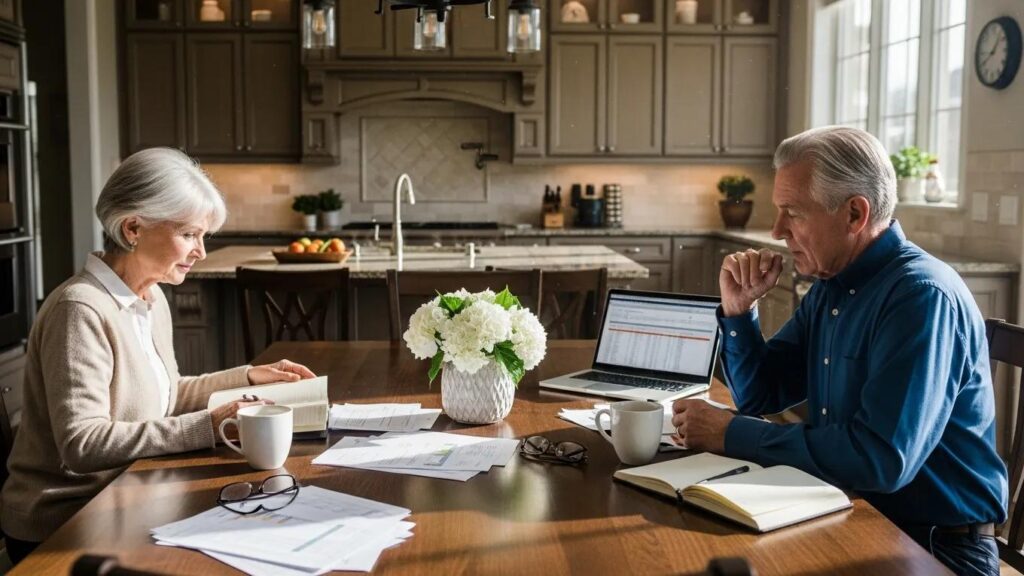 Affluent couple discussing retirement strategies at a cozy kitchen table