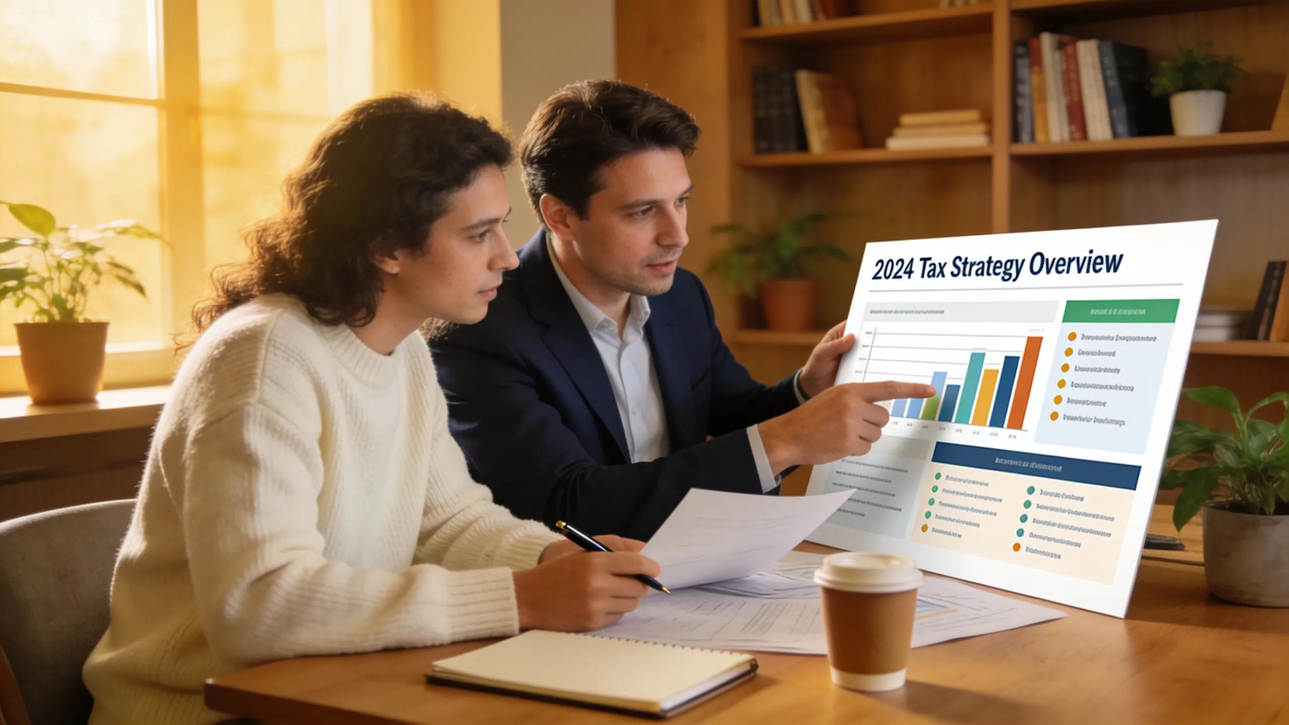Financial advisor explaining tax strategies to a client in a cozy office setting
