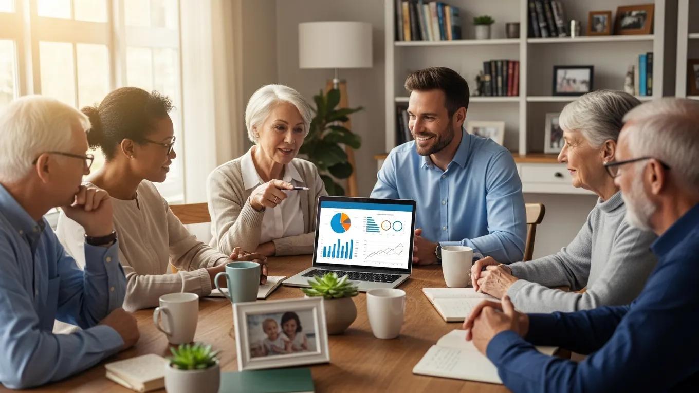 Engaged retirees in a cozy scene discussing retirement planning with a financial advisor, emphasizing collaboration and trust