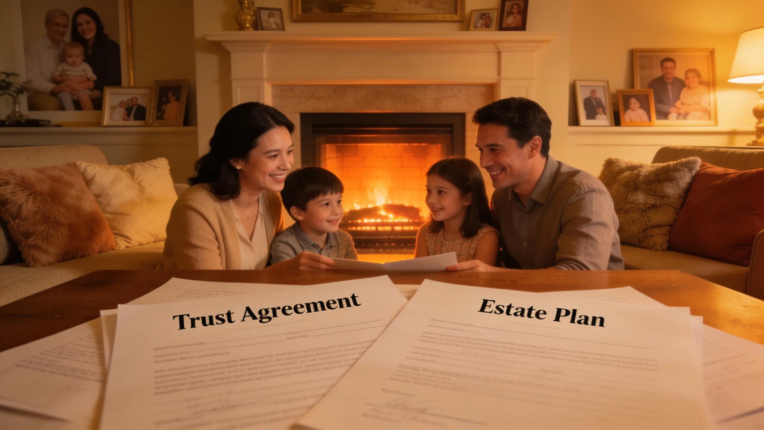 Family discussing trusts for estate preservation in a comfortable living room