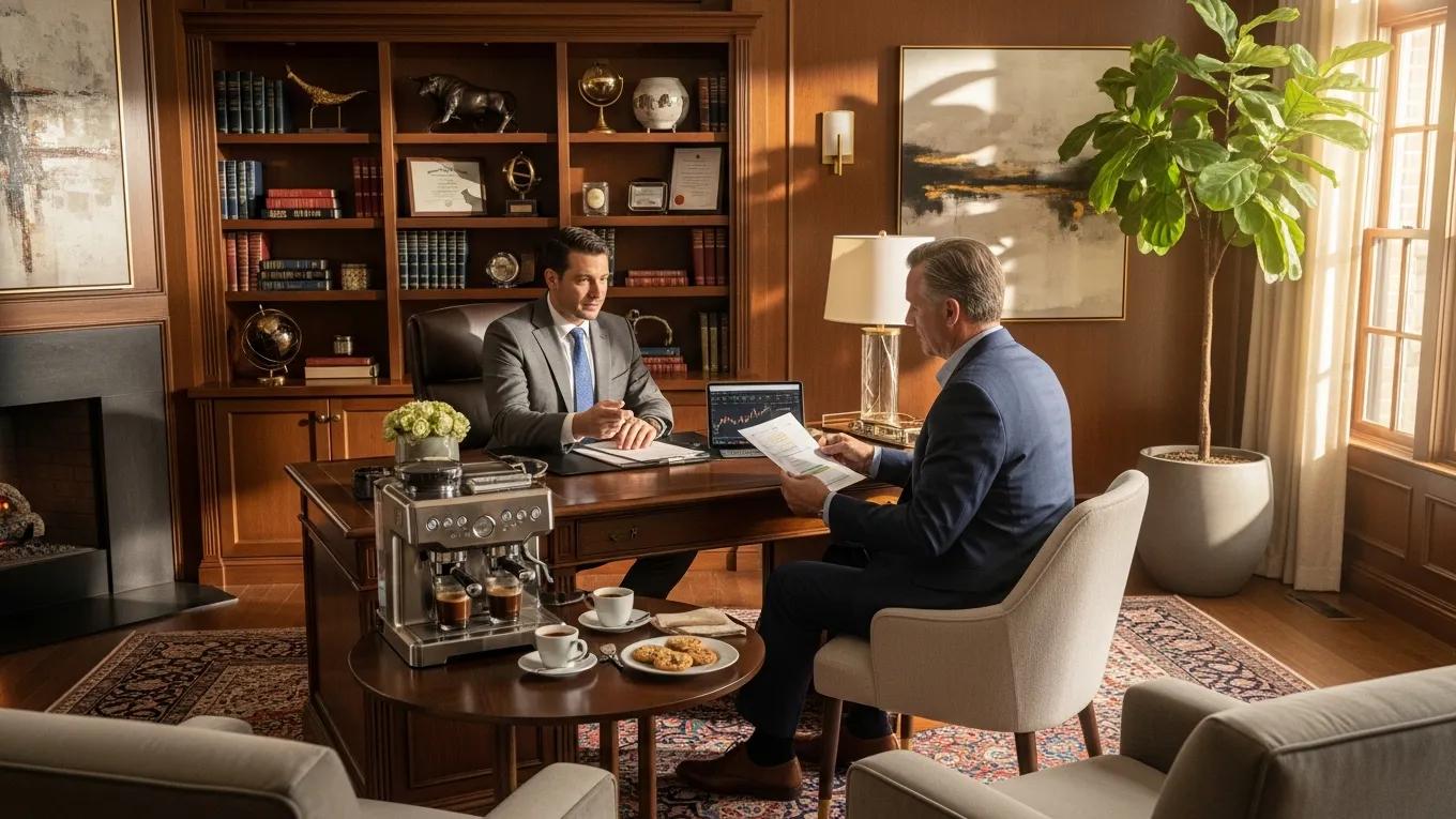 Financial advisor consulting with a wealthy client in an upscale home office