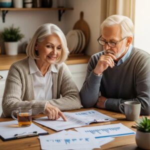 Retired couple discussing insurance strategies at a kitchen table