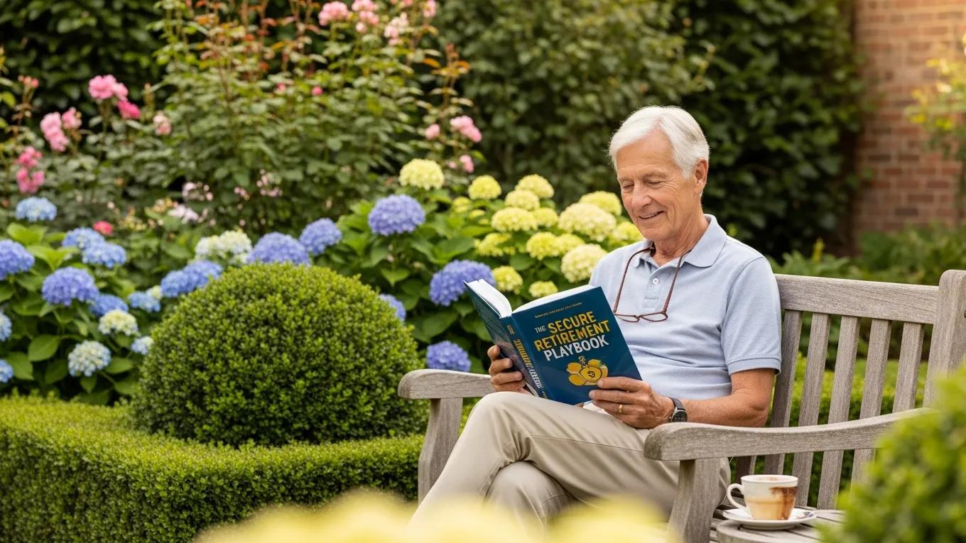 Retiree relaxing in a garden, reflecting secure financial future