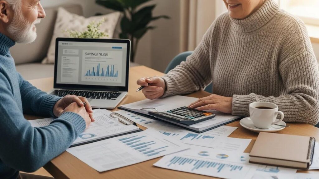 Senior couple planning retirement finances with papers and laptop