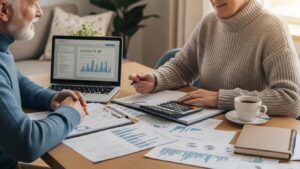 Senior couple planning retirement finances with papers and laptop