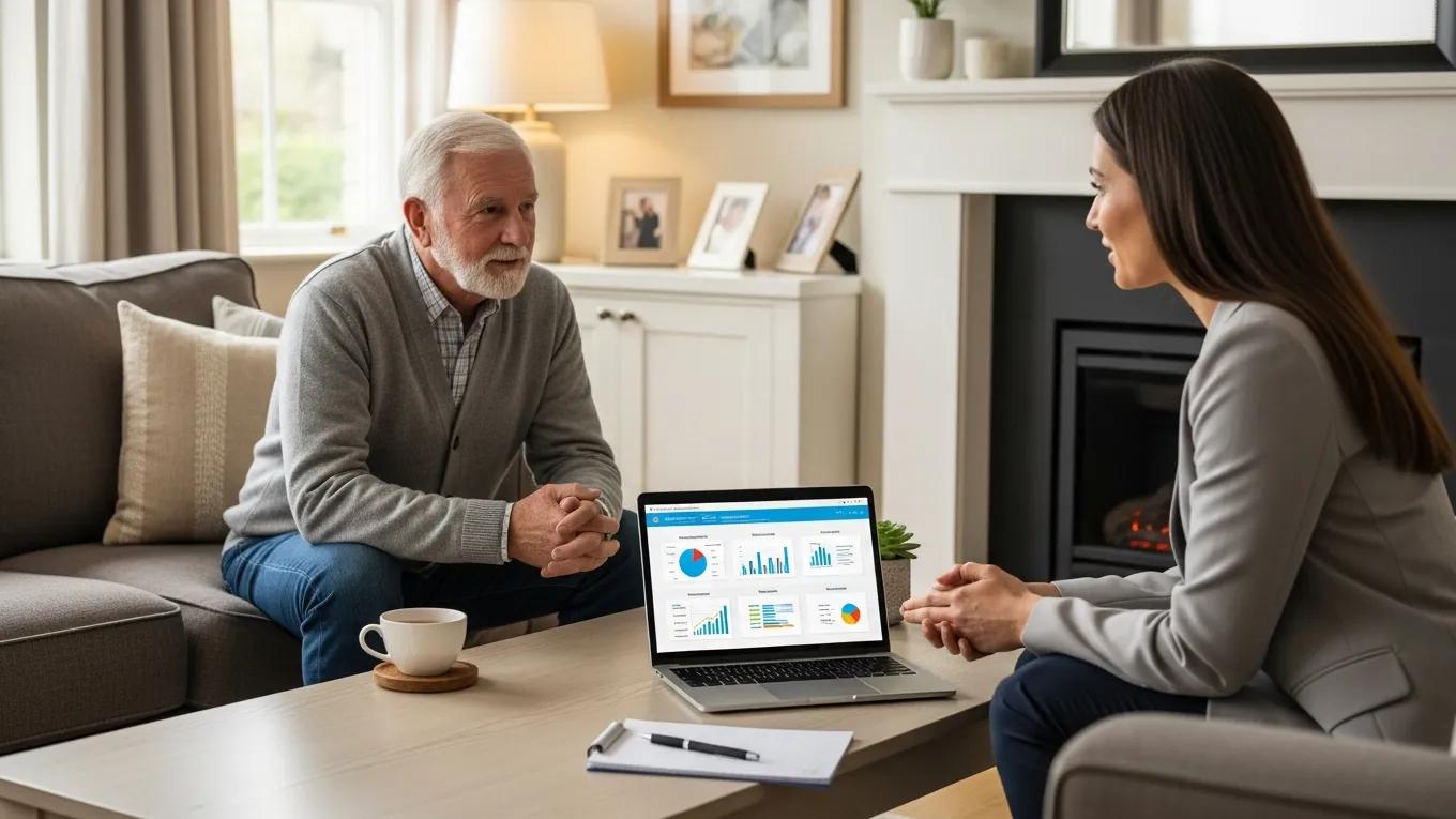 Senior discussing withdrawal strategies with financial advisor in cozy setting