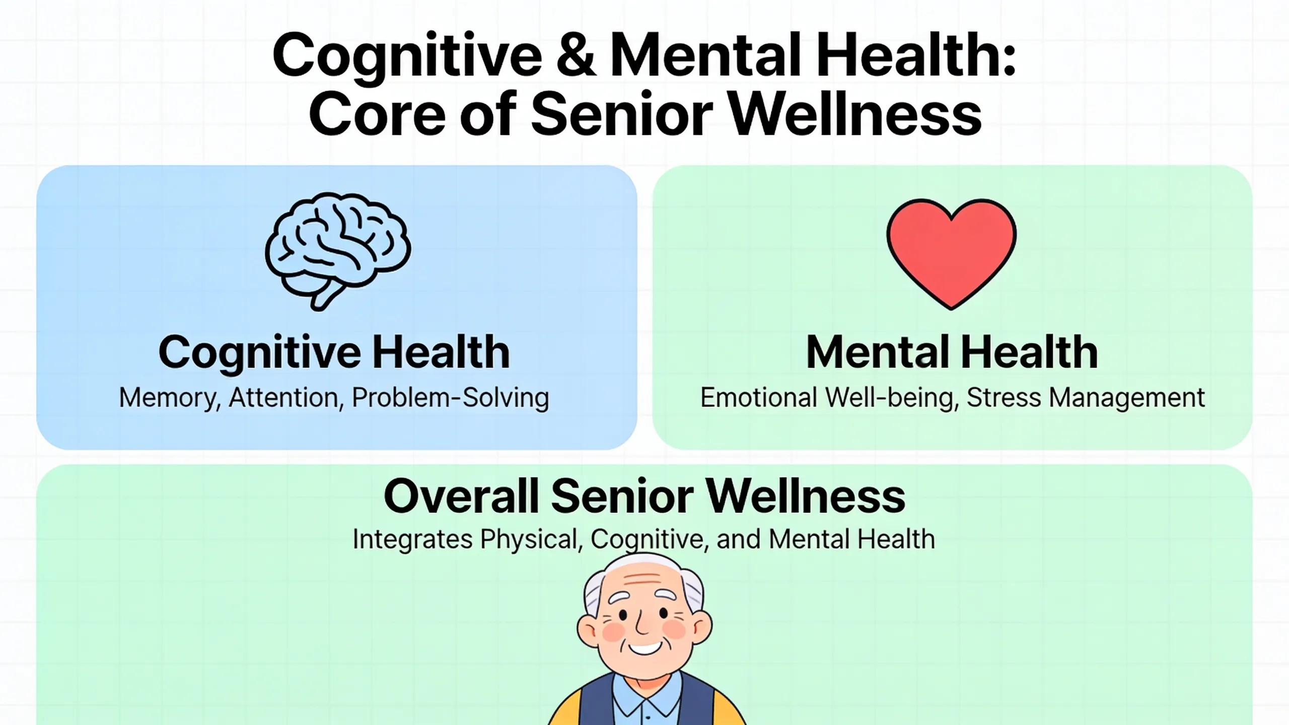 Cognitive and mental health are recognized as core components of overall senior wellness, not just