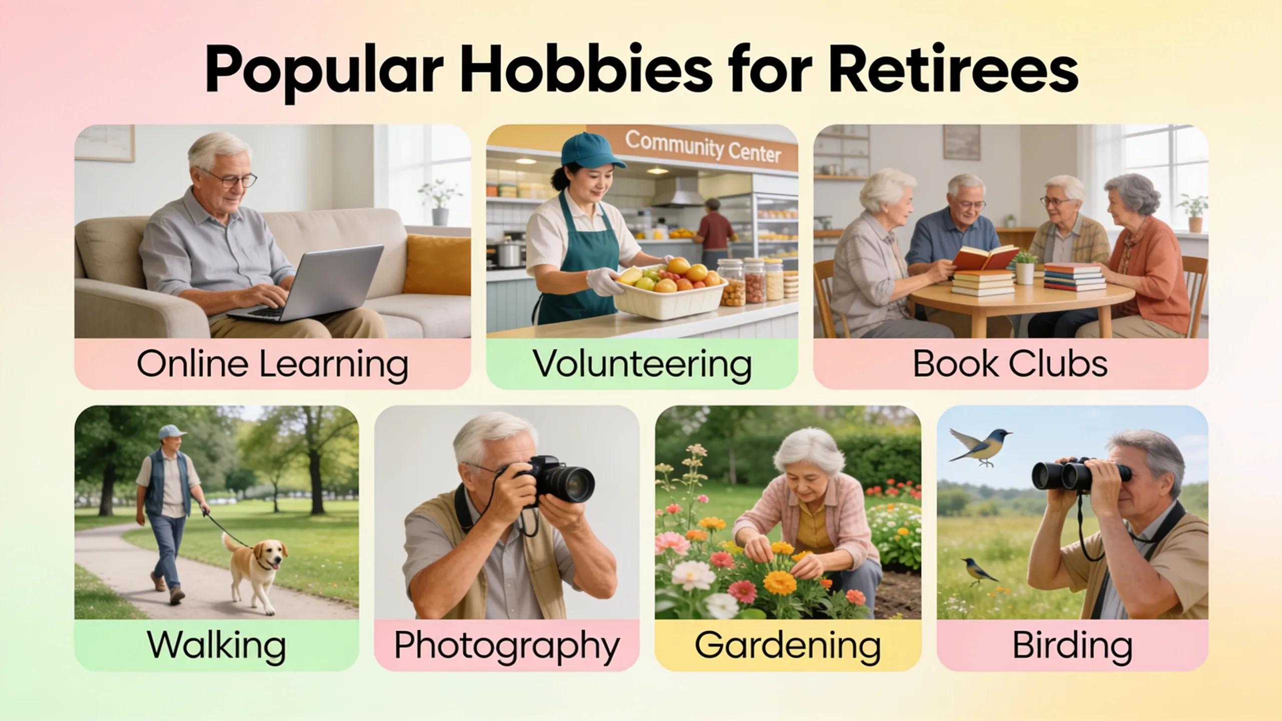 Popular hobbies for retirees include online learning, volunteering, book clubs, walking, photography, gardening, birding