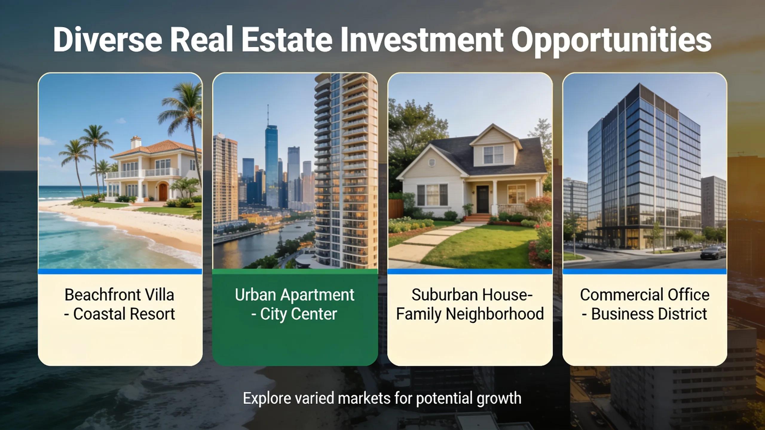 Diverse real estate properties across various geographical locations showcasing investment opportunities