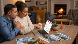 Couple planning retirement with real estate investment materials on a cozy dining table