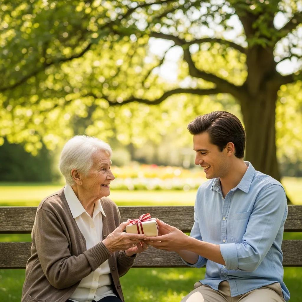 Elderly person gifting a present to a young adult, symbolizing wealth transfer