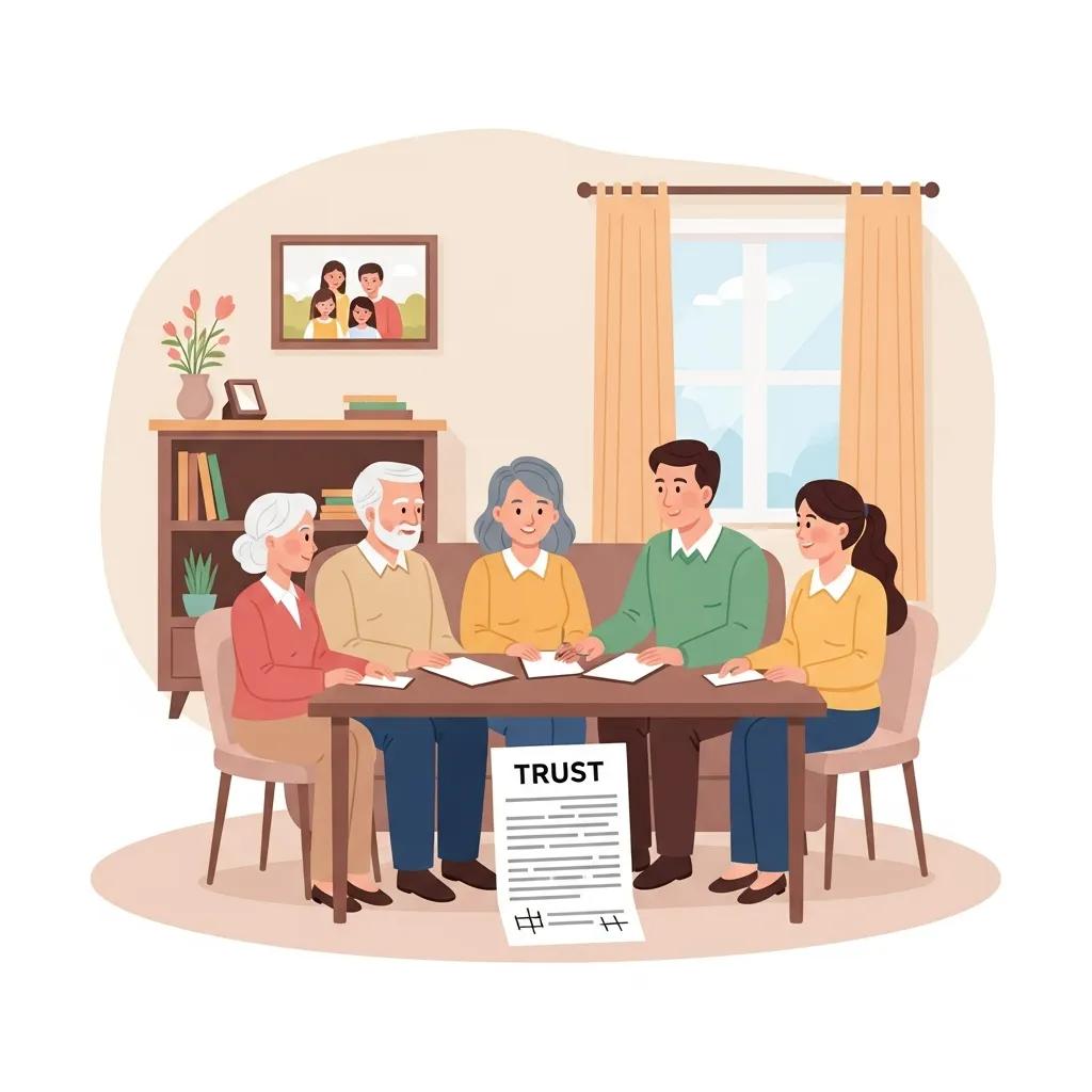 Family discussing retirement trust planning options in a cozy living room