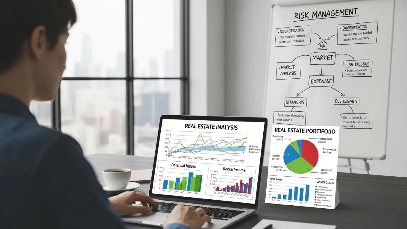 Investor analyzing real estate options on a laptop in a modern office setting