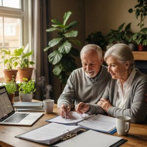Retired couple discussing estate planning strategies at a cozy table